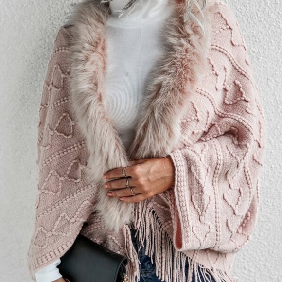Classic Dusty Pink Vegan Fur Tassel Hem Open Front Cardigan Luxe - Picture 4 of 11
